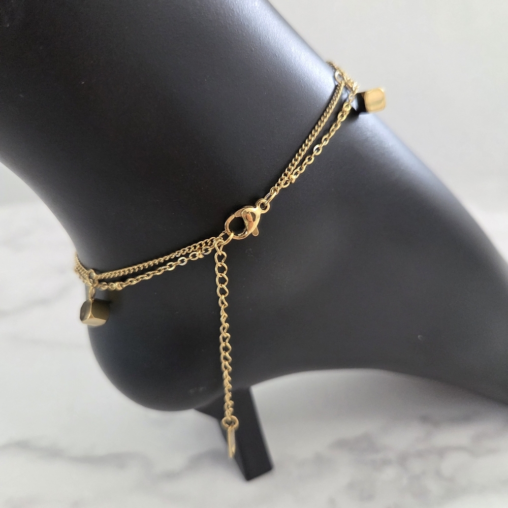 Dainty Gold Cube Charm Anklet Layered Double Strand Foot Bracelet Boho Beach - Picture 8 of 11